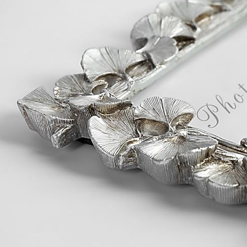 4x6 Silver Picture Frame, Vintage Silver Ornate Leaf Textured Hand-Crafted Resin with Glass Front Antique Photo Frame for Tabletop Display, Retro Design Home Decor