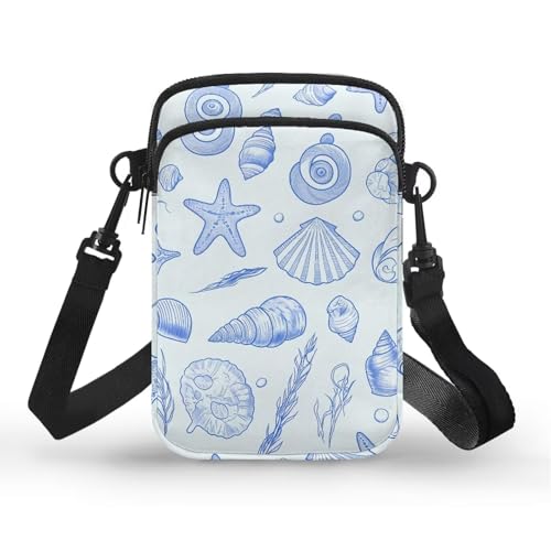 Jolamirel Sketch Seashell Small Crossbody Purse Zipper Cell Phone Bag, Ocean Starfish Coral Print Canvas Mini Shoulder Purse Bags with Shoulder Strap, Light Blue