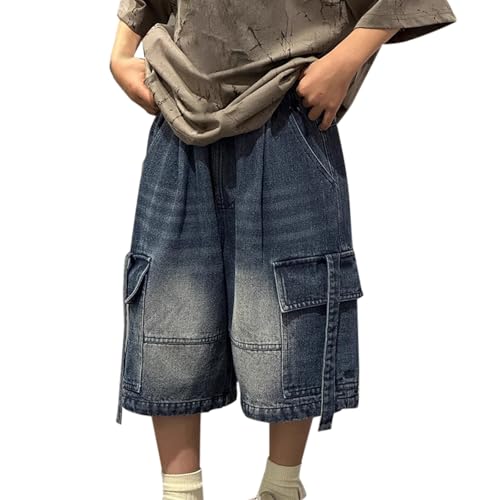 Baggy Cargo Denim Shorts for Boys Y2K Knee Length Elastic High Waist Jeans Shorts Loose Fit Vintage Casual Hip Hop Jorts Summer Oversized Fashion Cool Streetwear, Size 12 Years