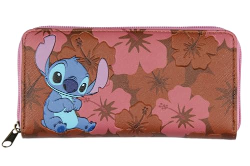 Disney Lilo And Stitch Allover Floral Stamped Design with Stitch Faux Leather Full Zip Wallet Bi-Fold