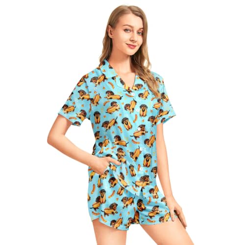 Image of Funny Satin Pajamas Set for Women Button Down Sleepwear Print Pjs Set 2 Piece Short Sleeve Loungewear Gift for Women