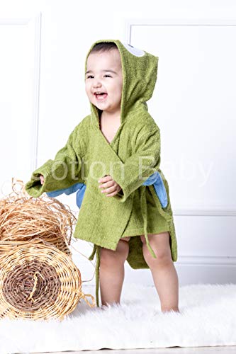 100% Organic Cotton Ultra Soft Breathable Animal Baby Hooded Bathrobe & Towel for Boys and Girls 2-3 Years (Green owl, Medium)