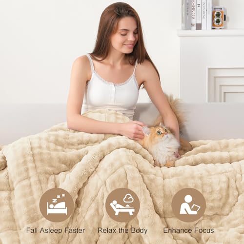 Image of Cottonblue Weighted Blanket 15lbs Bubble Fleece Plush Sherpa Heavy Weighted Blankets for Adults, Fits Queen Size Bed, Cute Fuzzy Warm Heavy Blanket for Calm and Better Sleep, 60 inchx80 inch, Beige