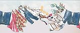 Clothes Hanging on Drying Line Aero Blue Rustic Wallpaper Border for Kids, Roll 15' x 10''