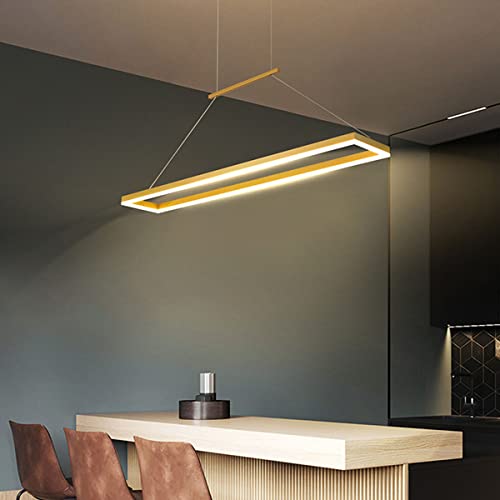 LED Modern Pendant Light Office Hanging lamp dimmable Dining Table Ceiling Light Height Adjustable with Remote Control Chandelier for Living Room, Office, Restaurant (Gold, L90cm) Made in China