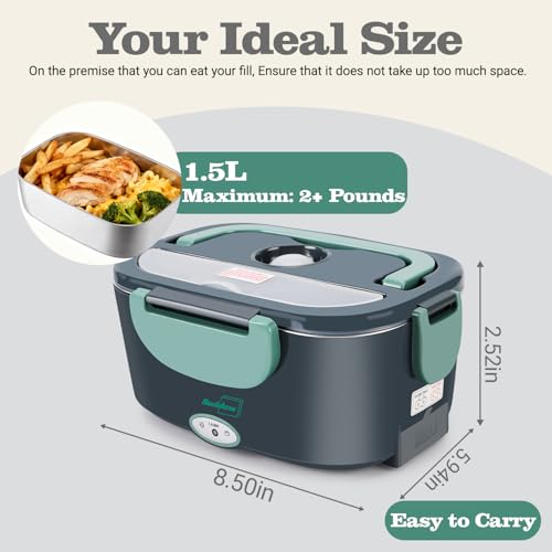 Buddew Electric Heated Lunch Box for Adults - 80W Fast Heating, 1.5L Food-Grade Stainless Steel, 12V/24V/110V Portable Food Warmer for Work Travel Car, Lonchera Electrica Portatil (Green)