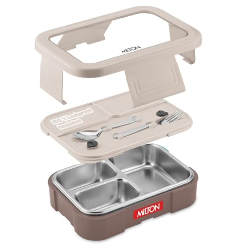 Image of MILTON Ethan 3 Inner Stainless Steel Tiffin Box for School, 3 Partition, Steam Release Plug | PU Insulated, Leak-Proof, Food Grade I Lunch Box for Kids Boys, Girls with Snap Lock Lid, 600 ml, Taupe