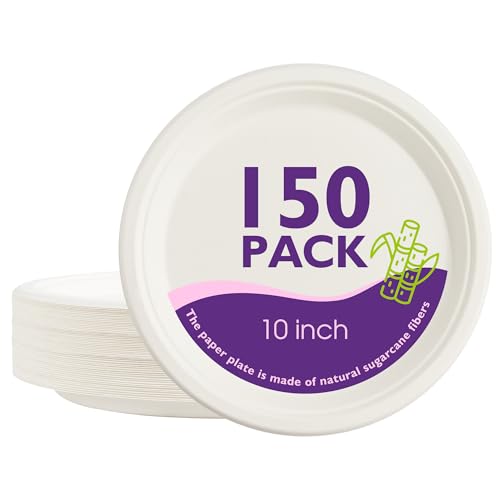 PACKINNO Compostable Paper Plates 10 Inch 150 Pack, Biodegradable Disposable Plates Heavy Duty White Plates, Made of Natural Sugarcane Bagasse, Unbleached Round Dinner Plates