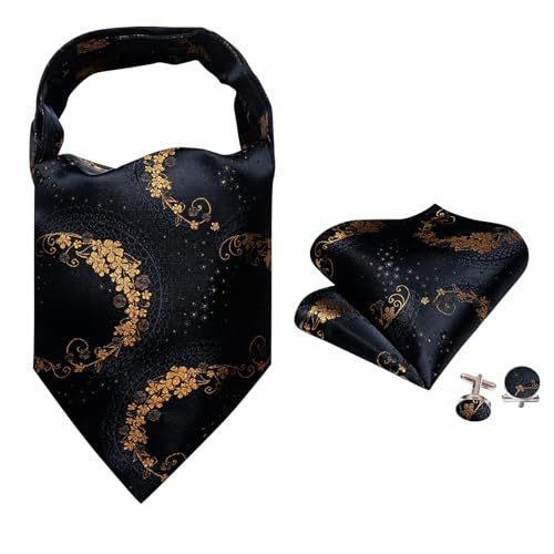 Image of Barry.Wang Ascot Ties Cravat Tie Men Paisley Plaid Scarf Self Tie Pocket Square Cufflinks Set Wedding Party