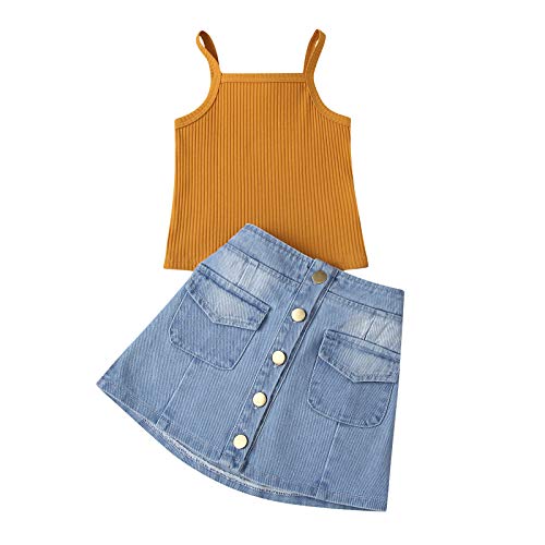 Toddler Kids Baby Girl Summer Outfits Sleeveless Ribbed Knit Basic Cami Top Denim Mini Skirt Sets (2-3 T,Ginger)