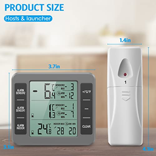 AMIR Upgraded Refrigerator Thermometer, Wireless Indoor Outdoor Thermometer, Sensor Temperature Monitor with Audible Alarm Temperature Gauge for Freezer Kitchen Home (Battery not Included, Grey)