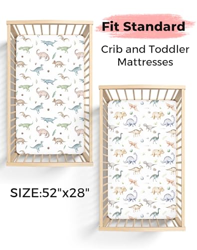 Image of Crib Sheets for Boys and Girls, 2 Pack Fitted Baby Sheets for Standard Toddler Mattress 28 inch x 52 inch, Soft Breathable Jersey Knit Baby Bedding (Dino Pals)