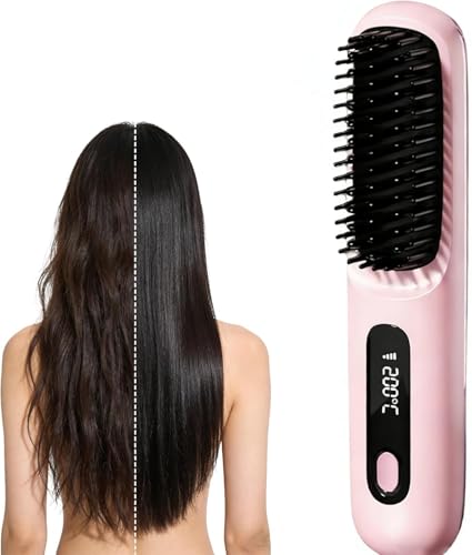 Cordless Hair brushfor Short Hair, Portable Straightener Brushs for Travel, with LCD Temperature...