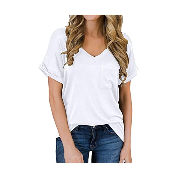 MIHOLL-Womens-Short-Sleeve-V-Neck-Shirts-Loose-Casual-Tee-T-Shirt MIHOLL Womens Shirts Casual Tee Shirts V Neck Short Sleeve Loose Fits Tops Blouses (White, Medium)
