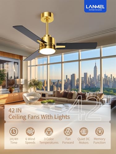 Image of LANMEL 42'' Black and Gold Ceiling Fans with Lights and Remote, 6 Speed Low Profile Modern Ceiling Fan with Quiet DC Motor for Indoor Outdoor Bedroom Living Room