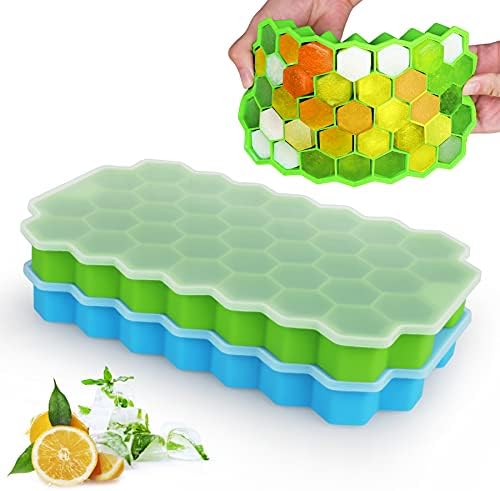 Sofore Ice Cube Trays with Lid,2 Packs Silicone Ice Cube Molds Food Grade Easy Release Durable for Whiskey, Baby Food and Any Drink, Green and Blue