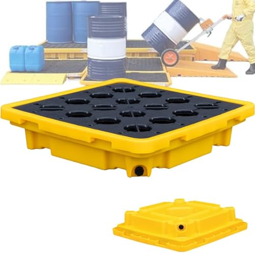 Plateforme de rétention modulaire pour palettes, entrepôts et usines, avec accès pour chariot élévateur et système de drainage. Bac modulaire étanche pour fût de 208 litres (55 gallons). Sol