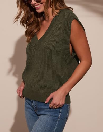 Image of INFITTY Women's Sleeveless Sweater Vest 2026 Summer V-Neck Ribbed Knit Lightweight Pullover Casual Loose Fit Tank Tops Green L