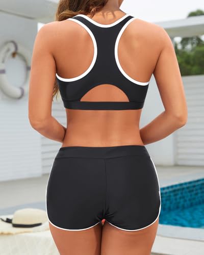 Image of Women Two Piece Sporty Bikini Set Athletic Swimsuits with Boy Shorts Bottom | Racerback, Crop top, Drawstring, Bathing suits, Mid Rise, Padded bra, Full lining, Scoop neck, Full coverage