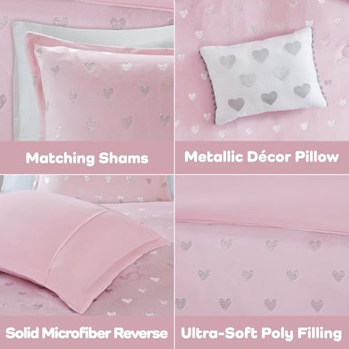Image of Intelligent Design Queen Comforter Set, 4 Piece Metallic Hearts Cozy Bedroom Set for Girls, Queen Bed Set Soft & Plush Comforter, All Season Fluffy Bedding Set, Rosalie, Full /Queen, Pink Silver