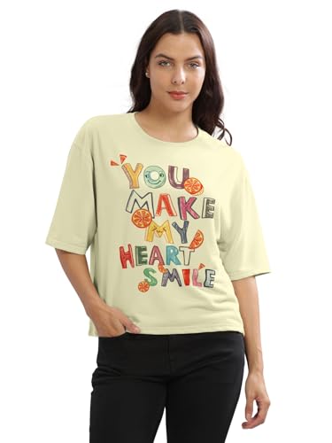 Image of HELLCAT Beige Printed Loose Fit Crew-Neck Crop T-Shirt for Women