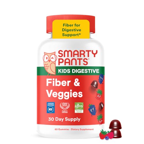 SmartyPants Kids Fiber & Veggies: Prebiotic Fiber Gummies for Kids Fiber Supplement with Inulin Organic Green Veggie Blend Vegan Gluten Free Mixed Berry Flavor 60 Count (30 Day Supply)