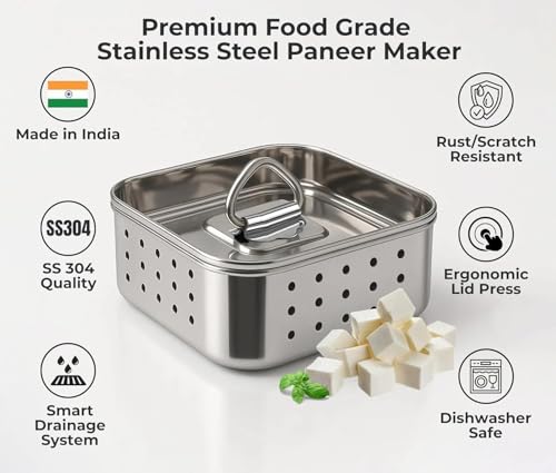 Image of TEKCOOL Stainless Steel Paneer Maker Mould Big Size, Paneer Press with Lid, Tofu Press Mould Maker, Whey Seperator (Square, 550ml Capacity)