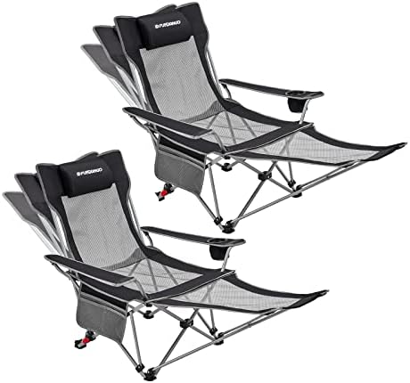 FUNDANGO 2-Pack Reclining Camping Chair with Foot Rest, Portable Mesh Folding Lounge Chairs, Adjustable Chaise Lawn Chair with Headrest, Cup Holder, Storage Bag, for Outdoor Picnics BBQ