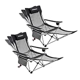 FUNDANGO 2-Pack Reclining Camping Chair with Foot Rest, Portable Mesh Folding Lounge Chairs, Adjusta
