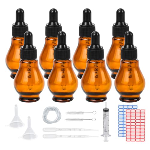 Episkey 8Stk Pipettenflasche Glasflasche 20ml, Apothekerglas Tropfflasche Birnenform Bernsteinglas Set mit schwarzer Pipettenkappe&Hilfszubehör für Ätherische Öle Parfüm Lösungen DIY (Amber 20ml)