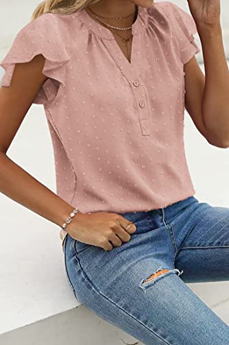 Zeagoo Summer Shirts For Women Dressy Notch V Neck Ruffle Short Sleeve Pleated Blouses Shirts,Pink M #TOP1