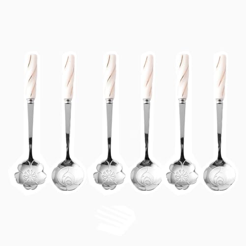 6 Piece Set -12cm/4.7 Inch Stainless Steel Spoon Creative Marble Dessert Ice Cream Spoon Rice Spoon Soup Spoon Coffee Spoon (White Silver)