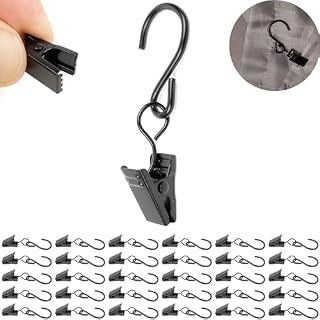 Szczypce do zasłon z haczykami S, zestaw 30 sztuk, całkowity rozmiar 6 x 2 cm, ze stali nierdzewnej, klips do zasłon, uniwersalny klips do zasłon z hakiem przesuwnym, czarne pierścienie zaciskowe