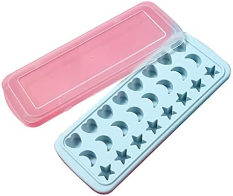 chaojia Chaojia Ice Cube Tray with Lid Stars Moons Love Hearts Shape 24 Cavity Silicone Safe Durable Whiskey Ice Ball Maker Kitchen Tools-Sky Blue, 10.04x3.86x0.9 in