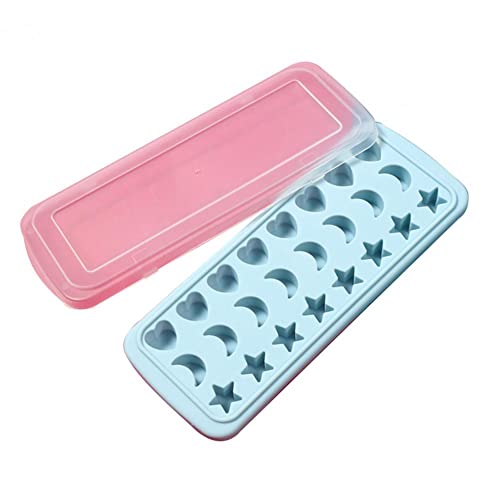 Image of chaojia Chaojia Ice Cube Tray with Lid Stars Moons Love Hearts Shape 24 Cavity Silicone Safe Durable Whiskey Ice Ball Maker Kitchen Tools-Sky Blue, 10.04x3.86x0.9 in