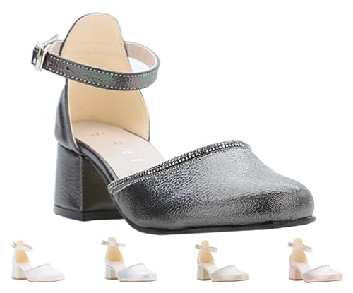 SIRRI Girls’ Block Heel Communion Mary Janes, Ankle Strap Closed Round Toe Rhinestone Trim Shoes