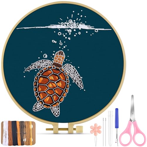 Image of TINDTOP Embroidery Kit for Beginners Adult, Turtle Embroidery Practice Kit | Include Embroidery Cloth Hoops Threads for Craft Lover Hand Stitch with Embroidery Skill Techniques