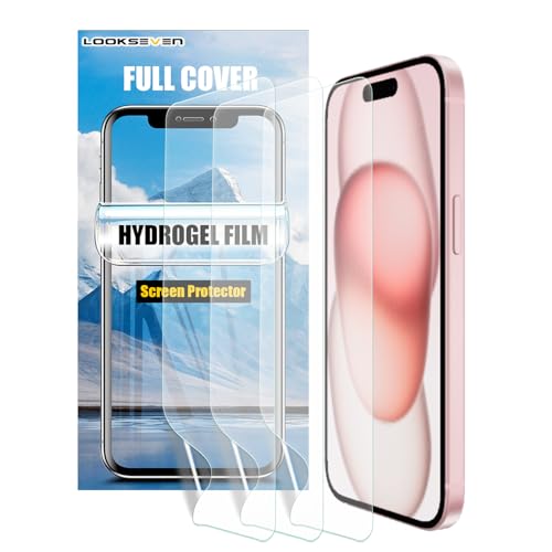 LOOKSEVEN 3 Pack Hydrogel Screen Protector for iPhone 15, Transparent Soft TPU, High Sensitivity...