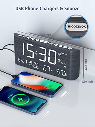 Dual Wooden Alarm Clock For Bedroom,Digital Clock With Weekday /Weekend/Every Day/One Day,Humidity&Temperature,Date,Time,Week,Brightness,Snooze,Phone Charger,Wood Led Desk Clock For Office Home Travel #TOP5