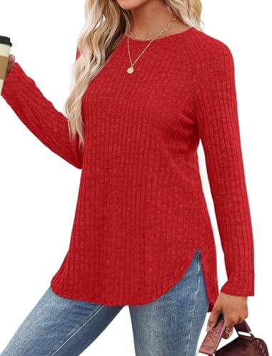 Image of Saloogoe Long Sleeve Shirts for Women 2025 Fall Clothes Tunic Tops Loose Fit Dressy Crewneck Pullover Sweaters Curved Hem