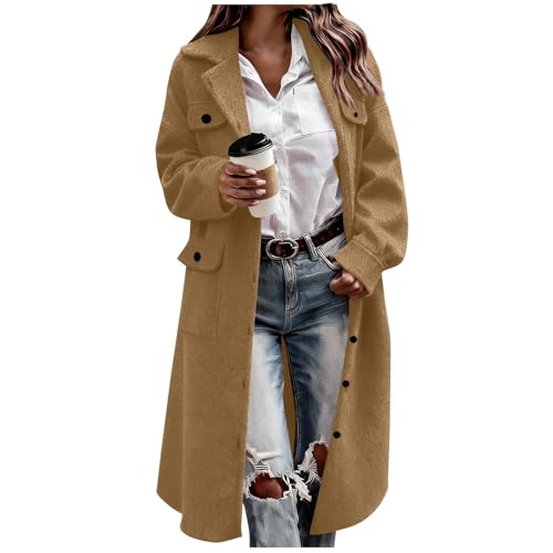 Abrigo de lana para mujer, cuello vuelto, longitud hasta la rodilla, con botones, chaqueta de oficina, abrigo cálido de invierno con bolsillo, 1 caqui., L