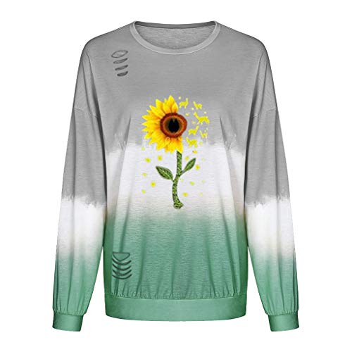 NANTE Blusa feminina solta com estampa de girassol e manga comprida, Verde, Small