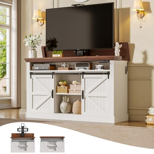 Itaar Motorized TV Lift Cabinet for 55-60 TVs Electric TV Lift Stand with Storage Farmhouse TV Stand with Charging Station Ultra-Quiet Lift System Indoor & Outdoor Use White