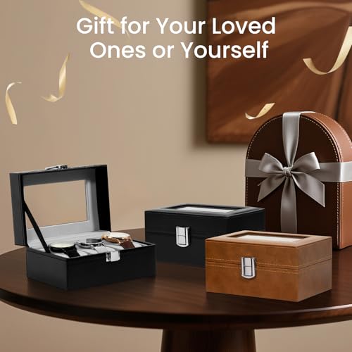 Image of Uten 3-Slot Watch Box, PU Leather Watch Case with Glass Lid, Watch Holder Organizer with Soft Pillow and Velvet Lining, Watch and Jewelry Storage Box