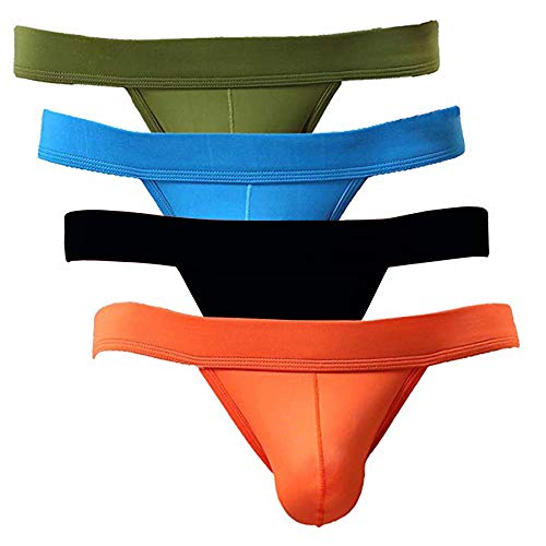 FORNY Mens Sexy Underwear Bulge Pouch Ice Silk Thongs Low Rise Briefs Supporter 4 Pack (Multicolored 2, M)