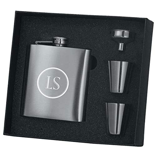Personalized Visol Rigor Stainless Steel 8oz Flask and Shot Glass Gift Set with Free Two Initials Laser Engraving