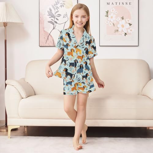 ALAZA Dachshund Dog Leaves Pajamas Satin Pajama Set Short Sleeve Button Down Sleepwear3