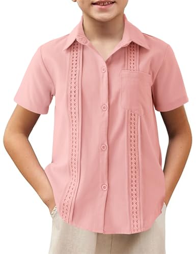 Image of Boys Guayabera Shirt Short Sleeve Button Down Casual Linen Shirt with Pockets for Summer Hawaiian Holiday 4-13Y