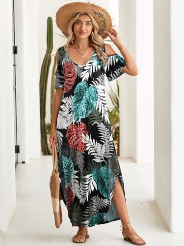Image of BELAROI Womens Cold Shoulder Maxi Dress Plus Size V Neck Summer Sundresses with Pockets Beach Coverup Vacation Outfits