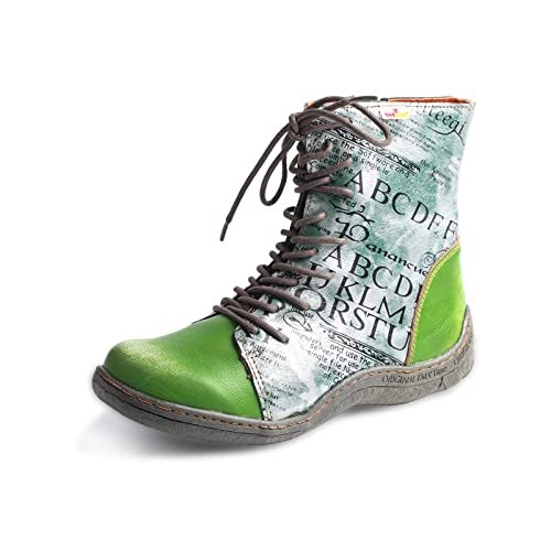 TMA EYES Damen Leder Stiefeletten Schnürung Patchwork Brief Druck Lederstiefel...